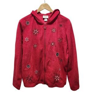 Essentials by Maggie zip front hoodie red with snowflake embroidery Large
